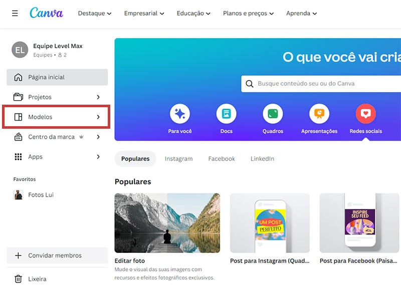 Modelos prontos no Canva