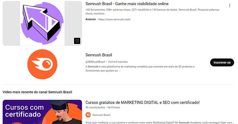 descrição de canal do canal do YouTube no resultado de pesquisa